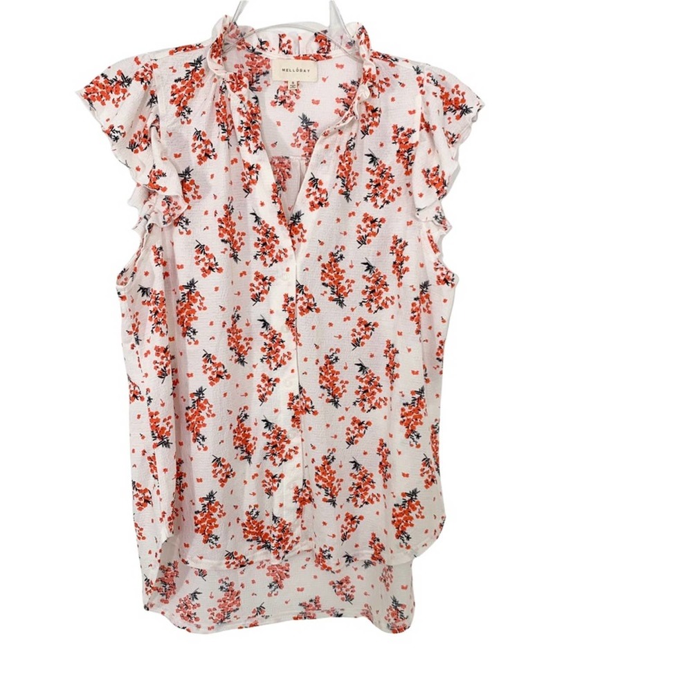 Nordstrom MELLODAY Ruffle Trim Neck Front Button Floral Print Top Size S - Picture 4 of 10